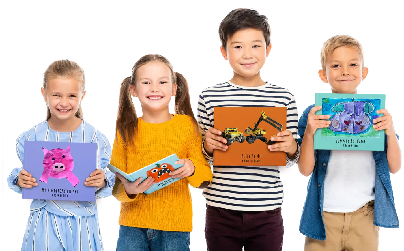 Creative kids proudly showing off their Scribble Art books containing their creative art projects