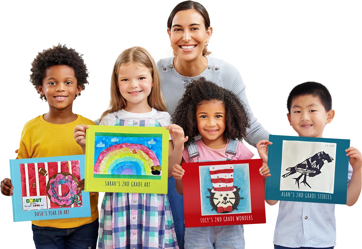 A group of kids celebrating the end of the school year with their Scribble Art books