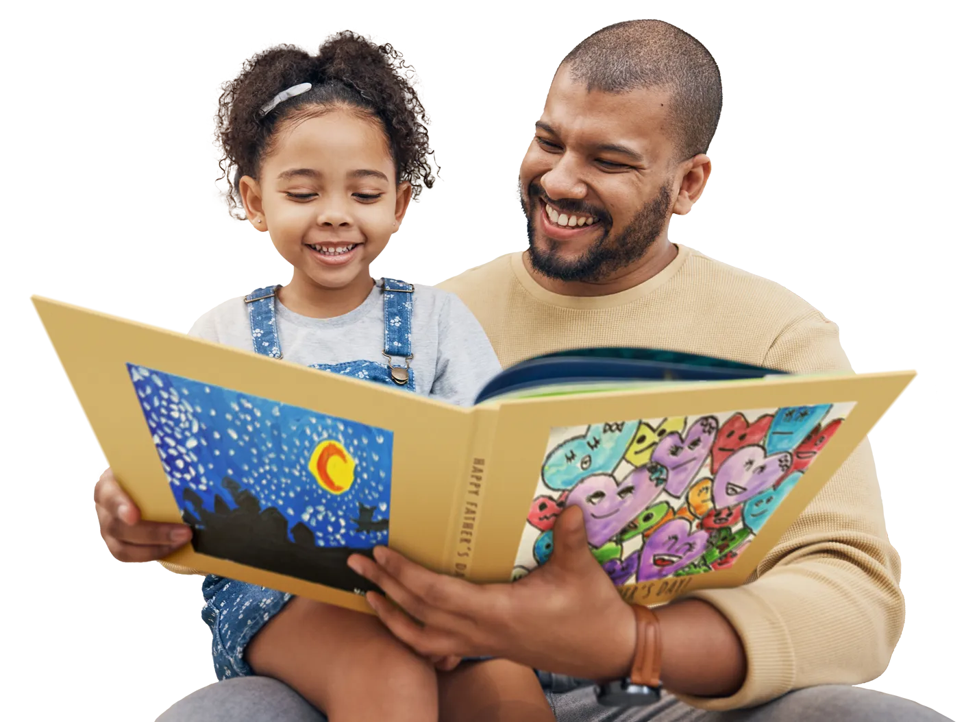 A dad and his daughter with his Father's Day Scribble Art book