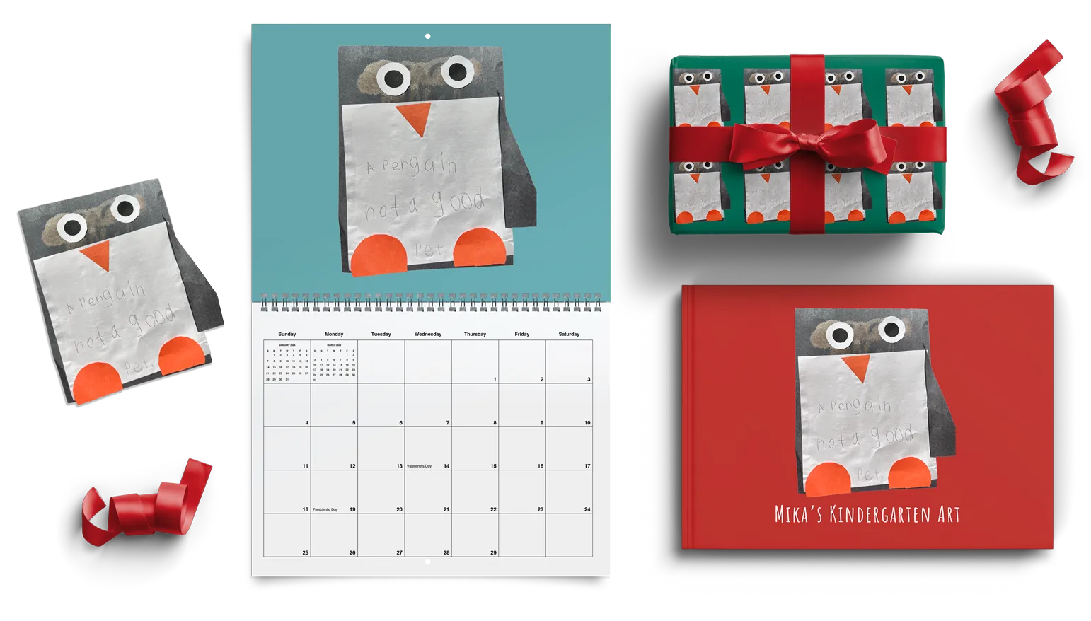 A Scribble book and present wrapped with personalized gift wrap made from a child's penguin artwork