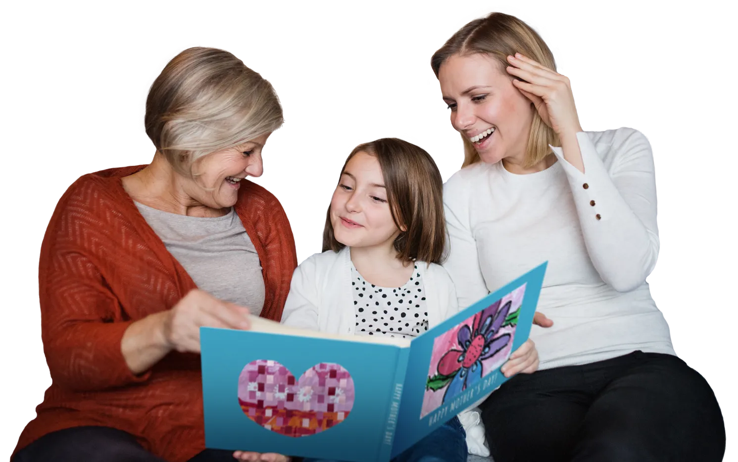 Grandma and Mom celebrating Mother's Day withy a Scribble book made from a daughter's artwork