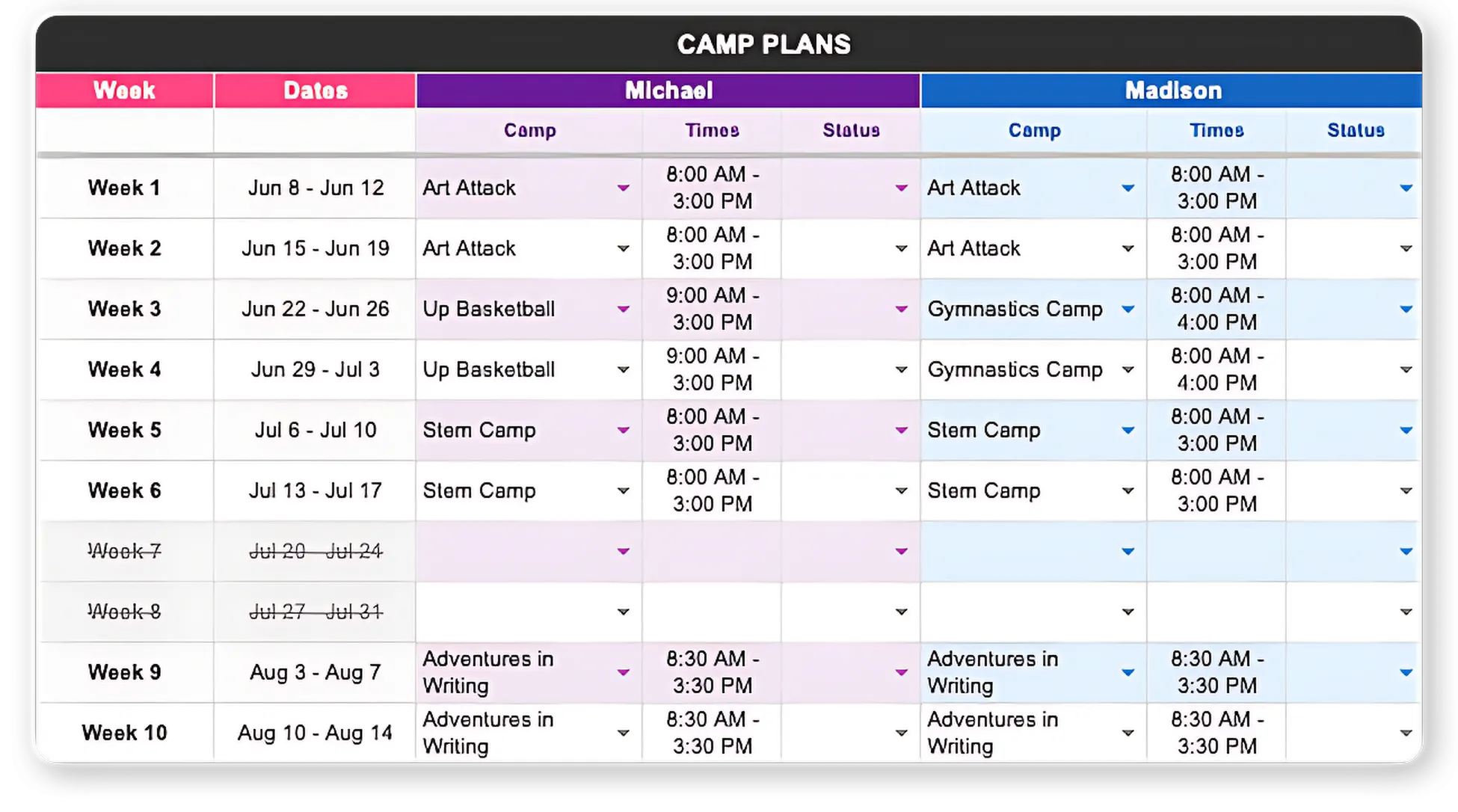 Preview of the summer camp planner spreadsheet in Google Sheets